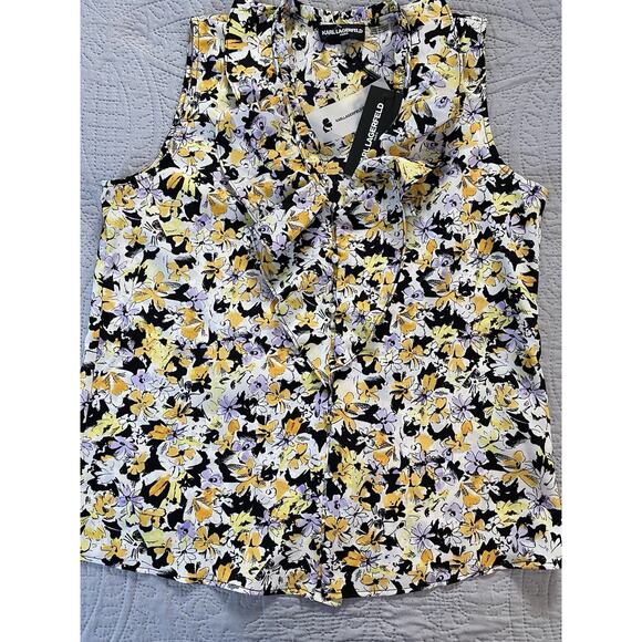 NWT Karl Lagerfeld Sz S Cvrd Btn Front V Ruffle Neck Front Sleeveless Blouse - Picture 8 of 12